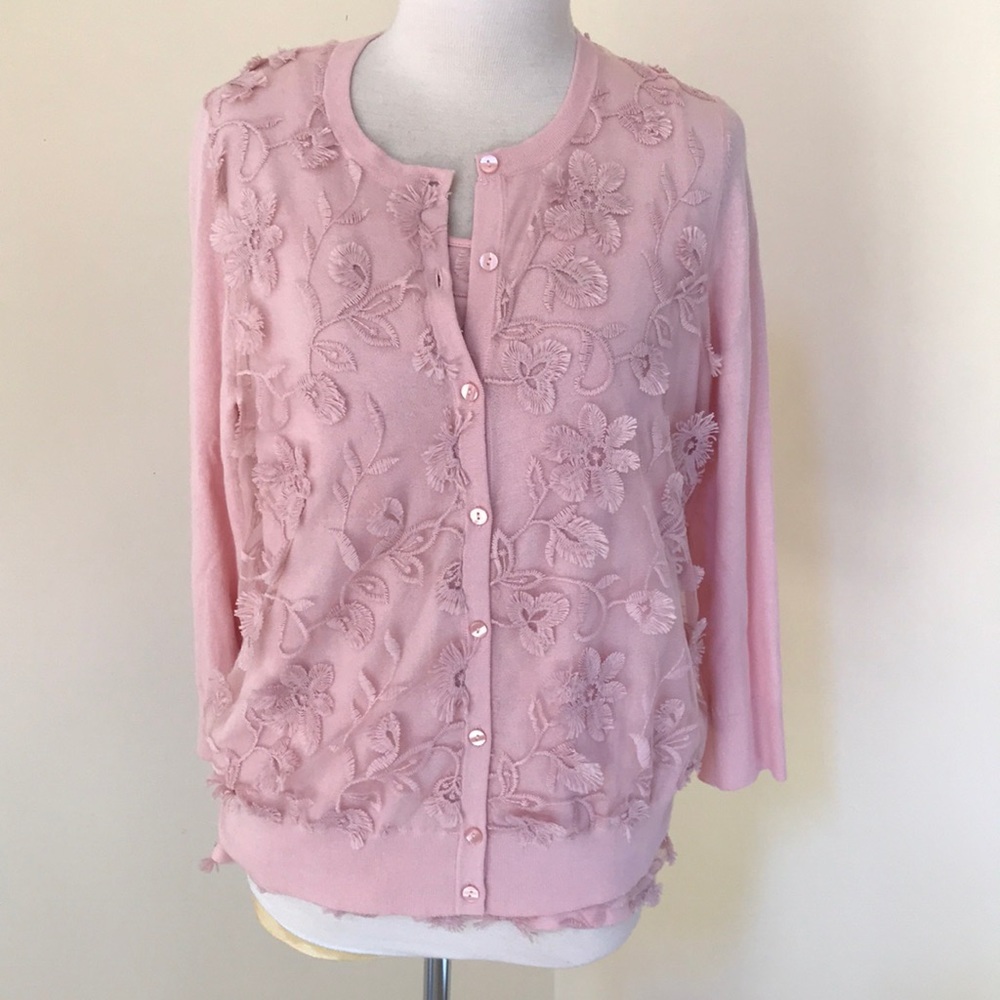Ann Taylor Factory large pink embroidered mesh tank and  cardigan  set.